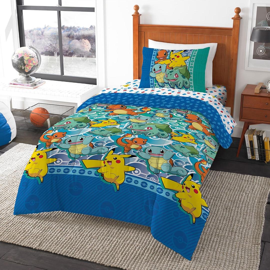 Northwest Twin Bed in a Bag Set  Pokmon First Starters Design  5-Piece Bedding Set with Comforter, Fitted Sheet, Flat Sheet, Pillowcase, Sham