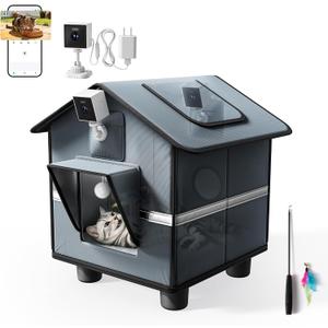 Outdoor Cat House with Camera (2K) for Single Cat up to 12lbs, Insulated Cat House Outdoor Weatherproof, Feral Cat Shelter with Dual-Mount Cam (View Inside or Out), Magnetic Door, Stakes & Cat Teaser