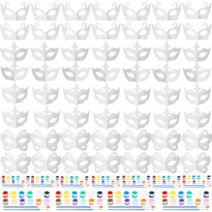 HyDren 100 Pcs White Masquerade Mask Painting Kit 60 Mardi Gras Blank Half Face Paper Masks 20 Acrylic Paint Strip 20 Brushes(Classic)