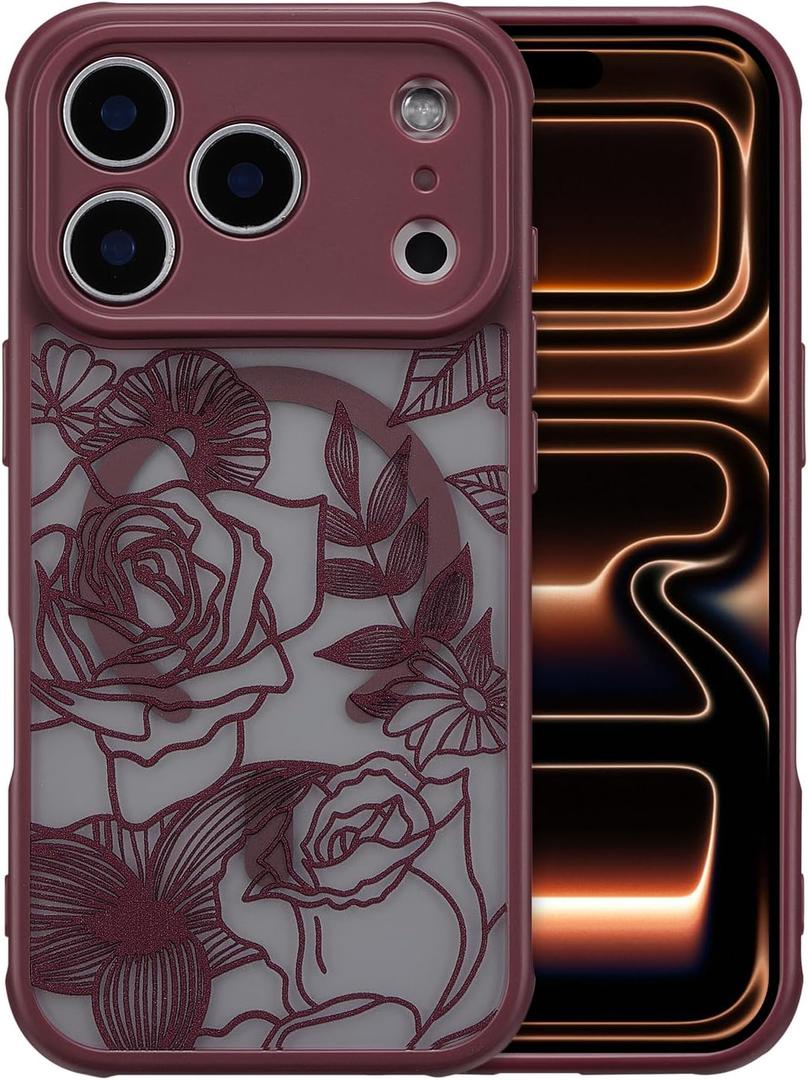 XIZYO Magnetic Case for iPhone 17 Pro Floral Rose Cute Phone Case [Compatible with Magsafe] for Women Girls Aesthetic Pattern Slim TPU Shockproof Bumper Cover, Wine Red