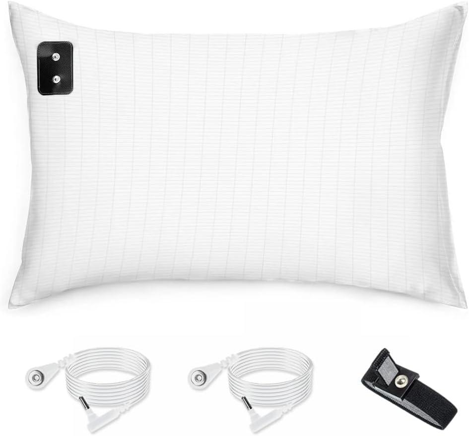 Amerthing Grounding Pillowcase,20x28 inch, Conductive Mat with 5% Pure Silver Thread for Better Sleep Healthy Earth Energy Beige Color with Cords and Grounding Bracelet