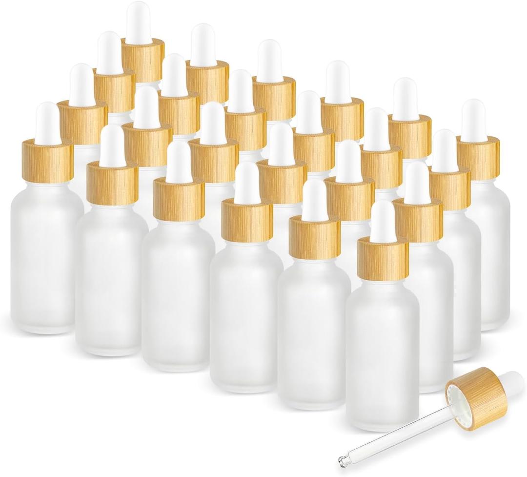 24 Pack 1 oz Frosted Glass Dropper Bottle,Empty Round Boston Travel Bottles With Eye Droppers,Natural Bamboo Dropper Cap for Essential Oils, Tinctures & Perfume,Facial Serums,Massage Oils