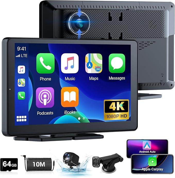 4K Apple Carplay Display Android Car Display with Dash Cam Car Front Rear 9 Inch Wireless Carplay Portable Driveplay with Rear View Camera Car Radio Carplay Bluetooth Mirror Link Siri 64G TF Card