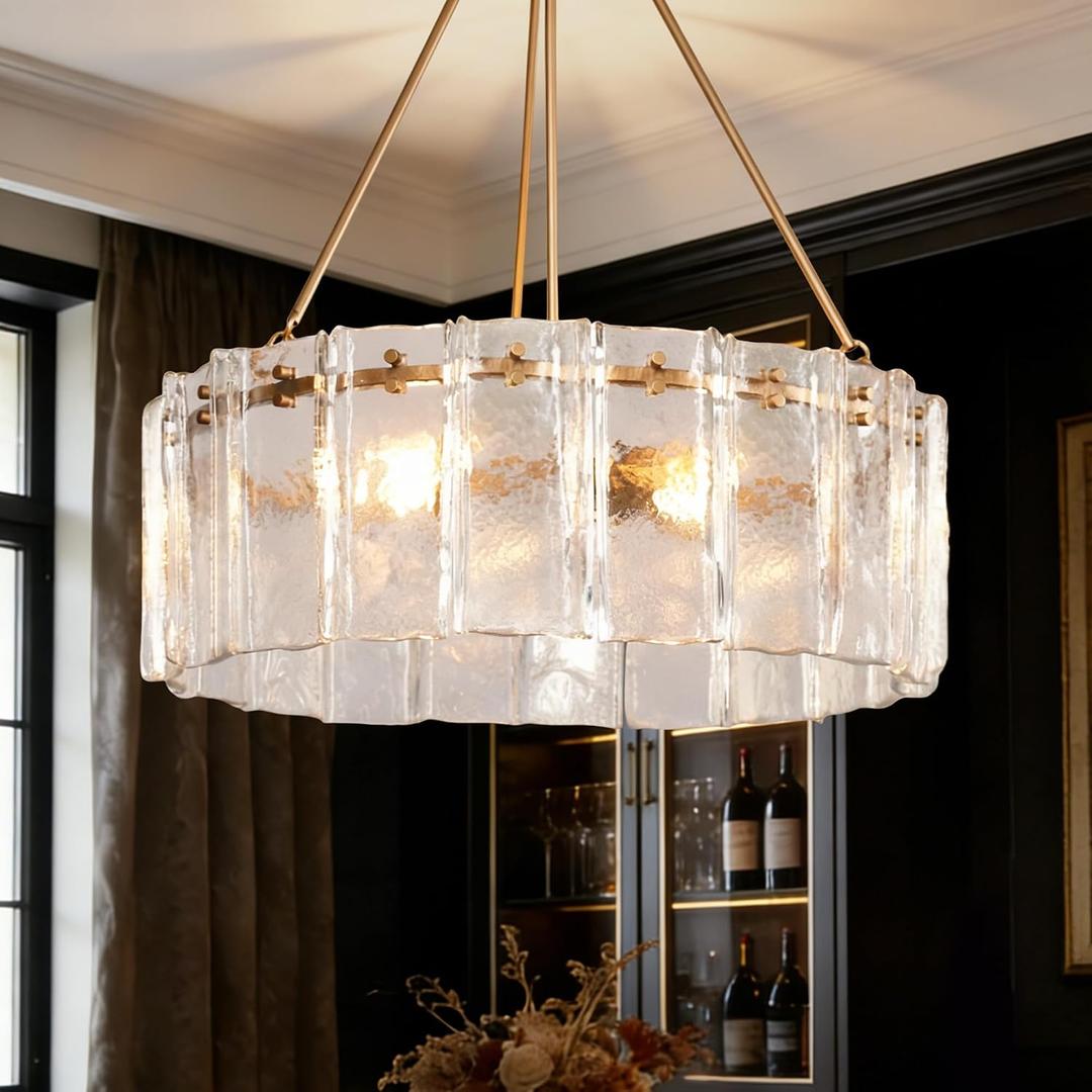 Gold Glass Chandeliers for Dining Room, D24'' Modern Drum Crystal Chandelier, 6-Light Round Farmhouse Hanging Ceiling Pendant Light Fixture for Living Room Kitchen Island Foyer Bedroom (E26)
