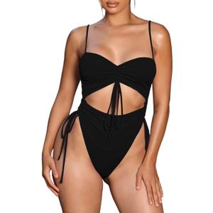 Viottiset Women's Cut Out Drawstring One Piece Swimsuit Cheeky High Cut Bathing Suit (Black), S