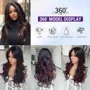 Aisaide Highlight Red Mixed Black Wig Long Layered Burgundy Black Wig with Curtain Bangs for White Balck Women Synthetic Layered Wavy Shaggy Wigs for Women 24inch 1B/RED