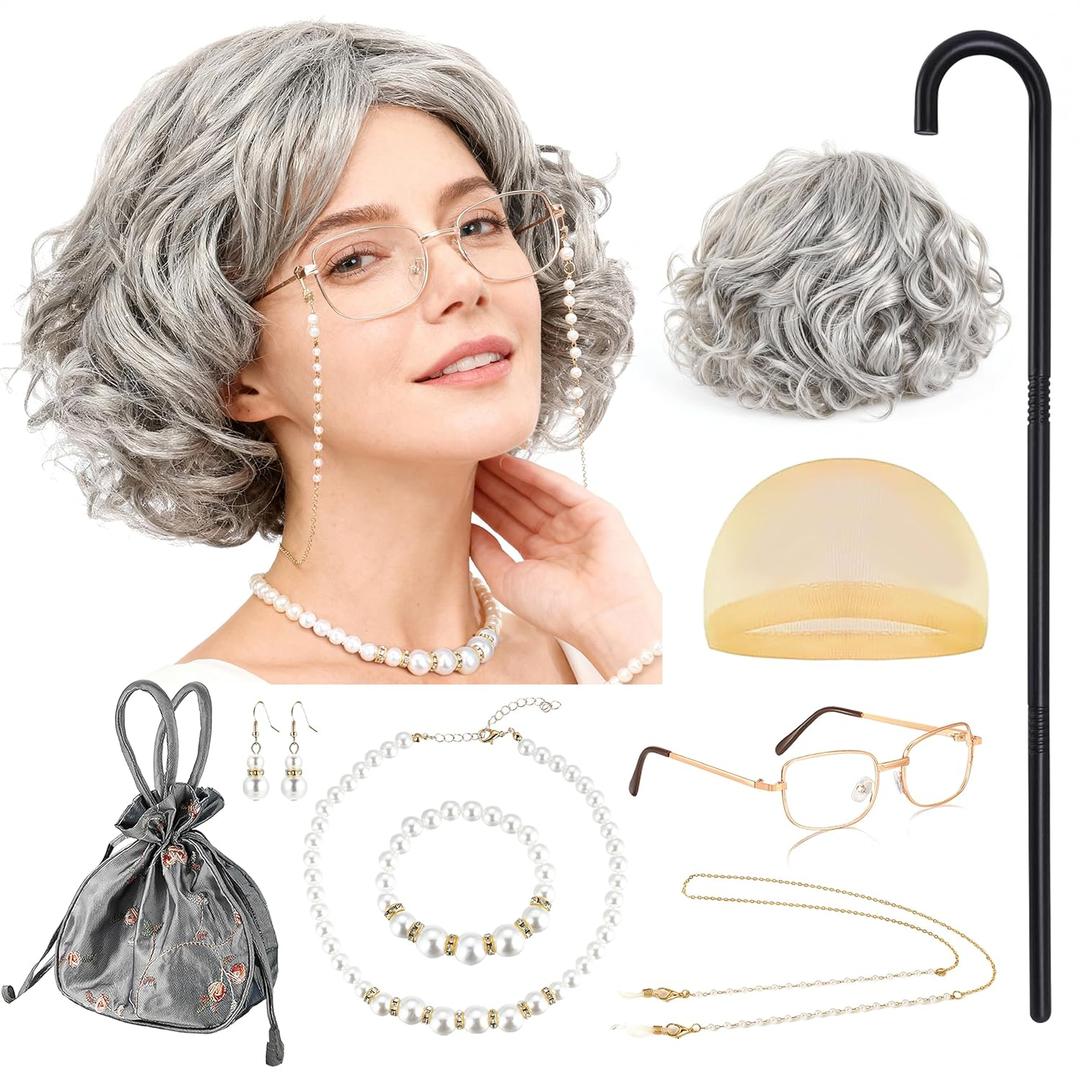 RIOSO Old Lady Costume for Women Granny Grey Wig Adult Outfit for Woman Old Grandma Costumes