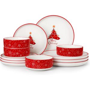 MALACASA Plates and Bowls Sets, 12 Pieces Christmas Porcelain Dinnerware Set for 4, Ceramic Dishware Dishes Kitchen Dining Ware Set, Microwave and Dishwasher Safe, Series LUNA-Christmas Tree