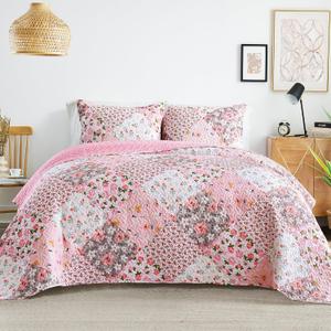 Whale Flotilla Patchwork Quilt Twin Size, Extra Soft Boho Floral Bedspreads for Bed Reversible Lightweight Twin Quilt Bedding Set Printed Coverlets with 1 Pillow Sham for All Seasons, Pink