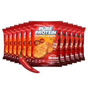 Pure Protein Franks Red Hot Popped Crisps Spicy Protein Snack 12g Plant Based Protein, Gluten Free, Non GMO, Vegan, Air Popped & Puffed Crisps Healthy Protein Snacks 12 Pack (EXP 08/18/26)