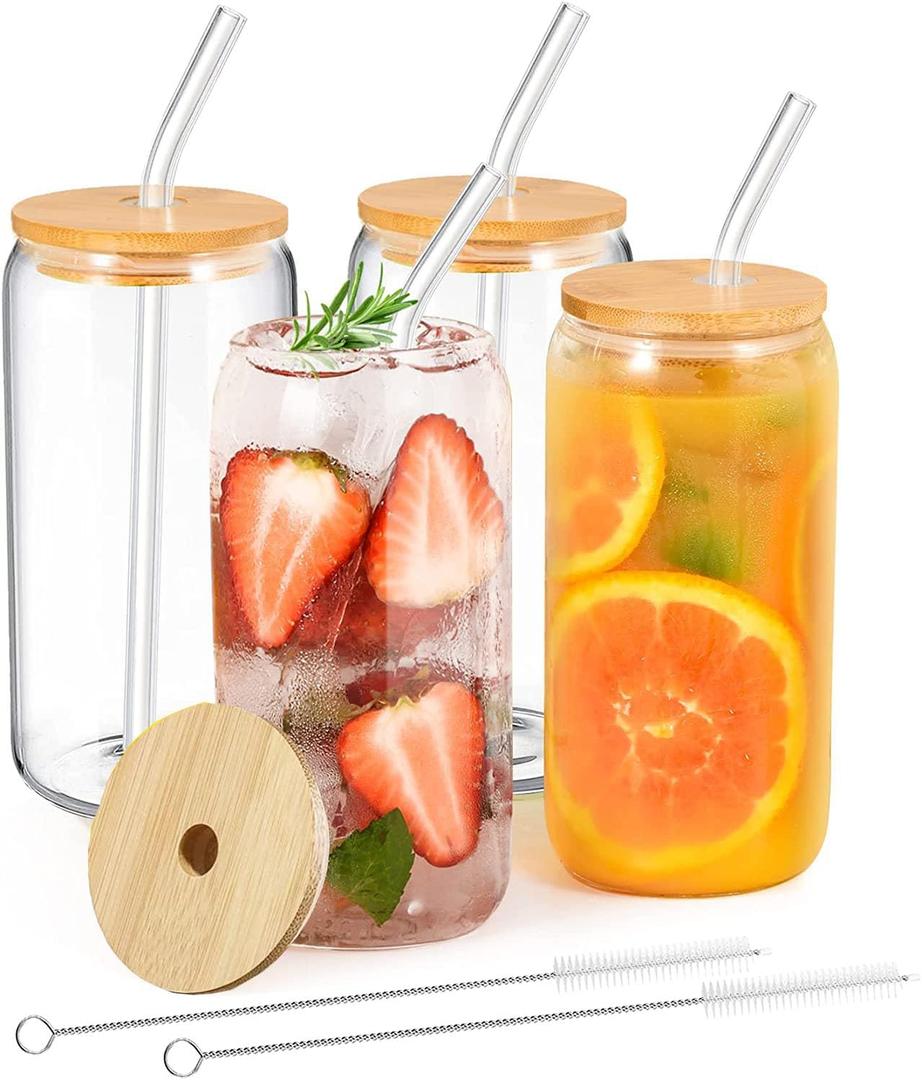 16 oz Drinking Glasses 4pcs Set,Drinking Glasses with Lids and Glass Straws, Iced Coffee Glasses, Iced Coffee Cup Coffee Bar Accessories, Beer Can Glass Coffee Cups, Birthday Gifts