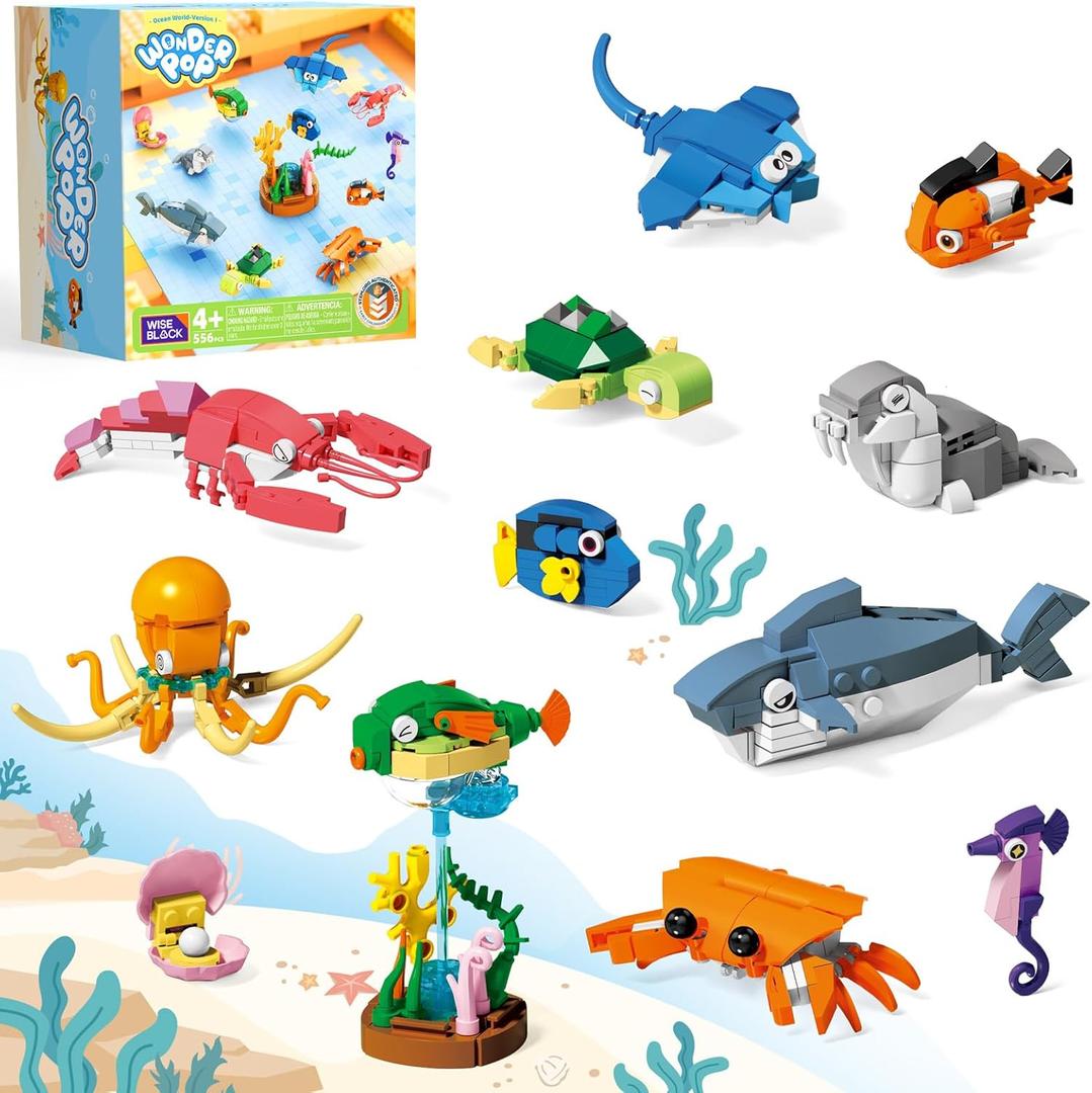 Wise Block Ocean World Building Set, 556 Pcs Sea Animals Building Toy, Educational STEM Learning Toys Party Favors for Girls Boys, Ages 4+, Birthday Gift Toddler Beach Toy with Shark, Turtle, Fish