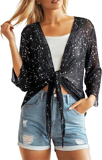 Women's Black Glitter Sheer Shirt – Star Pattern – Size XL – Lightweight Party Shirt, XL