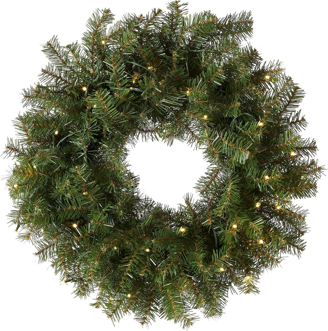 National Tree Company 24 in Pre-Lit Norwood Fir Artificial Christmas Wreath, Christmas Decoration with 50 Clear LED Lights, 250 Tips, Timer, Green