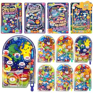 AUUGUU 28 Valentines Day Cards with Handheld Pinball Game – Classroom Exchange Arcade Toy Set for Kids, Fun Interactive Mini Pinball Toys with Pun Cards, School Party Favor