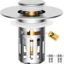5-in-1 Bathroom Sink Stopper, 2 Pc Pop-Up Drain Stopper with Removable Hair Catcher, Anti-Clog Strainer, Odor Blocking & One-Way Flow Design, All Metal Brass Core & Stainless Steel, Fit 1.1"2.36"