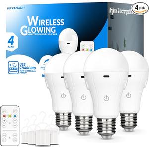 LUXKAZSAZZI WirelessGlow Rechargeable Light Bulbs with Remote, 3 Color Temperatures and Dimmable Battery Light Bulbs, Touch Control + USB Rechargeable Battery Operated Light Bulb, A19