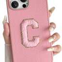 Skyseaco for iPhone 15 Pro Max Case Aesthetic Monogram Phone Case with Pink Leather Embroidered Letters Shockproof Protective Cover for Women Girls, Initial C Pack of 2