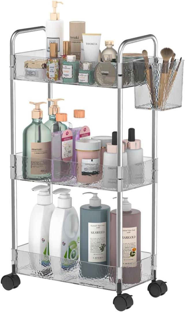 REALINN Rolling Storage Cart, 3 Tier Clear Grey Bathroom Cart Organizer, Utility Movable Shelving Unit for Laundry Room Organization, Storage for Office, Living Room, Grey