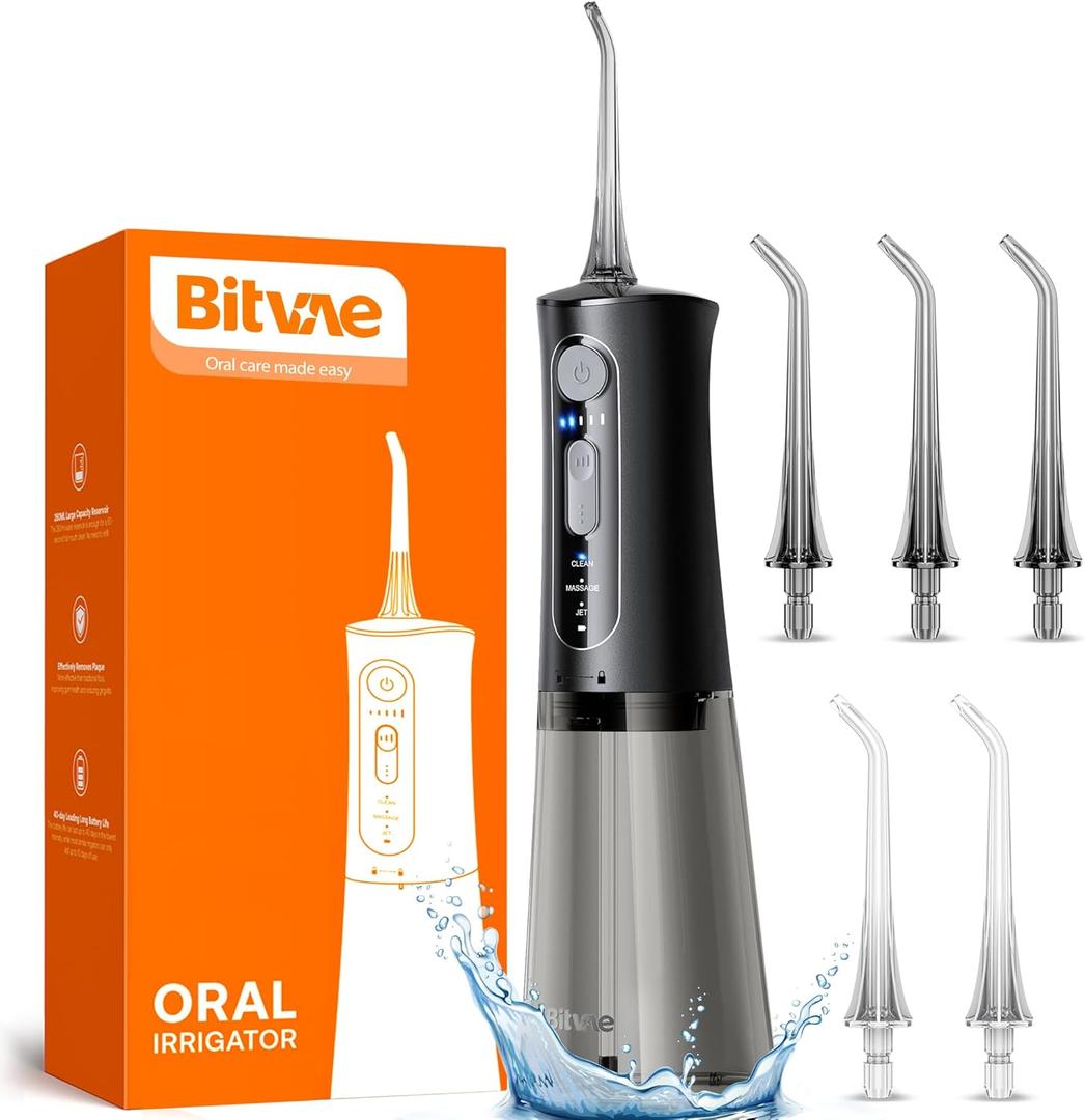 Bitvae Water Dental Flosser for Teeth, Cordless Water Teeth Cleaner Picks, 3 Modes 5 Intensities, IPX7 Waterproof, Rechargeable Water Dental Picks for Cleaning - Black (260ml, Black)