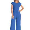 Nfsion Women's Summer Casual Round Neck Loose Cap Sleeve Long Pants Vacation Jumpsuit Romper with Pockets Medium Blue