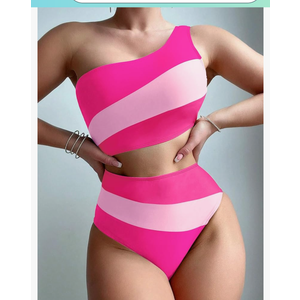 Women's Color Block One Piece Swimsuits Monokini One Shoulder Cutout High Cut Bathing Suits Beachwear Size S