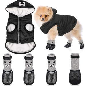 Hooded Dog Coat and Dog Cat Boots Shoes Socks Stylish Puppy Clothes Pet Jacket Waterproof Pet Shoes for Small Puppy (Black, S)