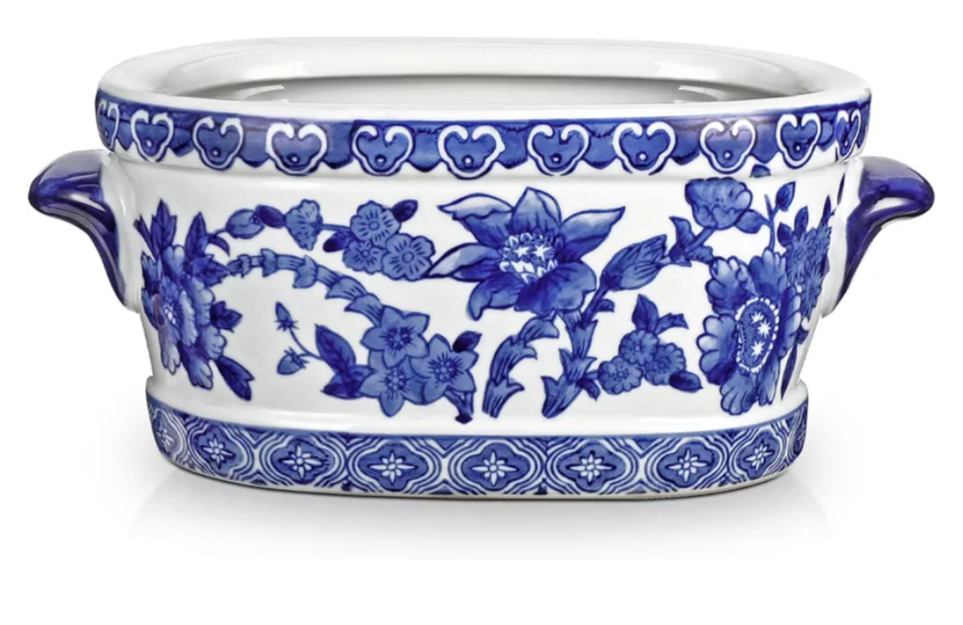 Blue and White Ceramic Planter Pot – Vintage Floral Oval Cachepot Vase for Indoor Plants, Flowers & Succulents – Glazed Chinese Porcelain Style Decorative Bowl – 7.4" or 10.6" Size – No Drainage