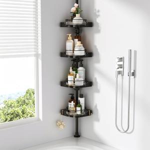 Coner Shower Caddy Tension Pole with 4 Lazy Susan Bathroom Corner Organizer 360° Rotating 35-128 Inch No Drilling Floor Standing Shelves Adjustable Shower Rack for Bathroom (Black)