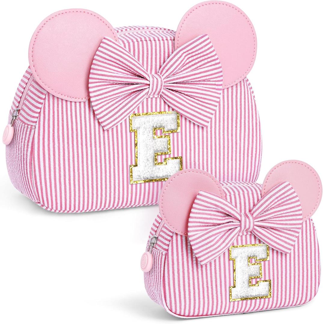 Gifts for Girls, Personalized Initial Makeup Bag Birthday Gift for 4 5 6 7 8 9 10 11 12 13 Years Old Girl Kids Pink Initial Cosmetic Travel Toiletry Bag for Girls Sister Daughter Pink E