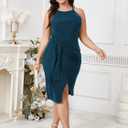 SCOMCHIC Women Plus Size Casual Sleeveless Striped Tank Midi Dress Halter Neck Bodycon Tie Waist T Shirt Summer Dresses (X-Large Plus, Solid Lake Blue)