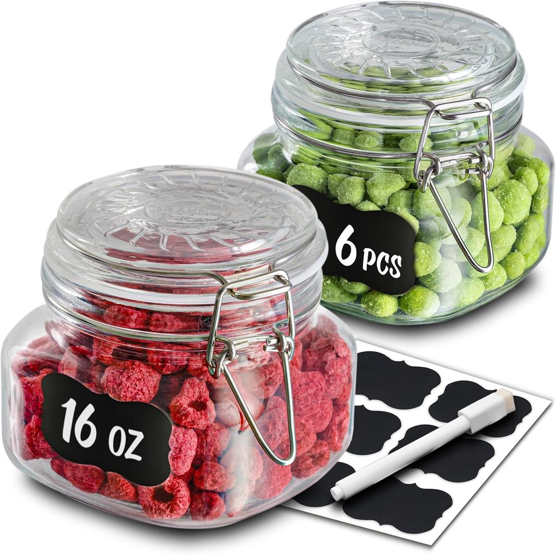 Praknu 16 oz Wide Mouth Mason-Style Glass Jars with Airtight Clamp Lids  6 Pack Square Jars with Labels & Pen  Perfect for Pantry Storage, Canning, Pickling, Fermenting & Meal Prep