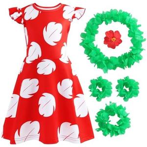 Hawaiian Little Girls Costume Dress with Luau Flower Leis Accessories Flower Hair Clip Toddler Halloween Party Cosplay Outfit 130