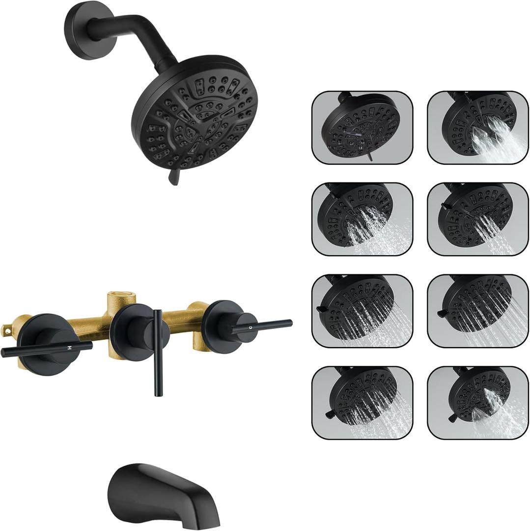 3 Handle Tub Shower Faucet Matte Black Tub and Shower Trim Kit Bathtub Shower Faucet Set with Tub Spout, Wall Mount