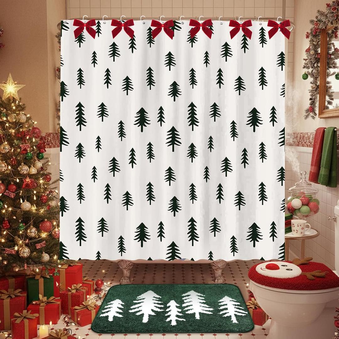 2 Pcs Christmas Tree Bathroom Decor Set Green Christmas Shower Curtain with Non Slip Flocking Bath Rug and 9 Red Bow for Winter Xmas Holiday Bathroom Gift 72''x72''