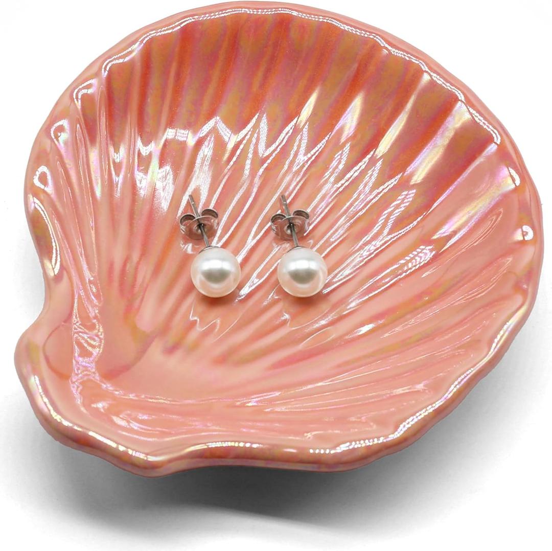 Ceramic Jewelry Tray, Decorative Trinket Dish for Rings, Earrings, Bracelet, Watch & Keys, Small Ceramic Jewelry Holder for Vanity, Dresser & Home Decor (Shell Pearl Pink)