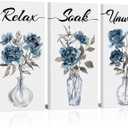 HOMEOART Bathroom Art Relax Soak Unwind Sign Bathroom Decor Flower Painting Framed Canvas Artwork Farmhouse Laundry Room Decor, 6x12inch 3 Pieces (Blue)