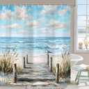 Blue Ocean Beach Shower Curtain, Coastal Oil Painting Summer Hawaiian Shower Curtains for Bathroom, Nautical Seaside Scenery Decor Fabric Shower Curtain Set with 12 Hooks 72X72IN