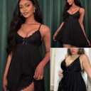 Avidlove Women Nightgown Sexy Sleepwear Lace Chemise V-neck Modal Babydoll Lounge Dress (Black, XL)