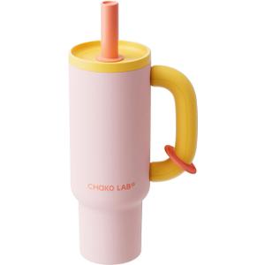 CHAKO LAB BaWang Insulated Stainless Steel Tumbler | Tumbler with Handle and Straw 33oz | Cup Holder Friendly for Travel | Leakproof Water Bottle | BPA-Free | Ceramic liner| pinkyellow