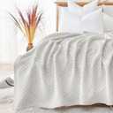 jinchan Boho 100% Cotton Blanket Muslin 50x60 Inches Lightweight 3-Layer Geometric Square Striped Pattern Reversible Quilt Throw Soft Breathable Comfy All Seasons for Couch Bed Decor, Light Grey