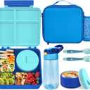 Kids Bento Lunch Box with 8oz Soup Thermo, Water Bottle, Kids Leakproof Lunch Food Containers with 4 Compartment, Insulated Hot Food Jar with Lunch Bag for School, Trvael (Blue)