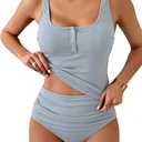 B2prity Women's Athletic Tankini Swimsuits Two Piece Adjustable Button-Up Bathing Suit Full Coverage High Waisted Swimwear, S
