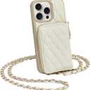 LAMEEKU Compatible with iPhone 16 Pro Wallet Case with Card Holder, Quilted Leather Zipper Crossbody Case for Women Design for iPhone 16 Pro 6.3" Beige