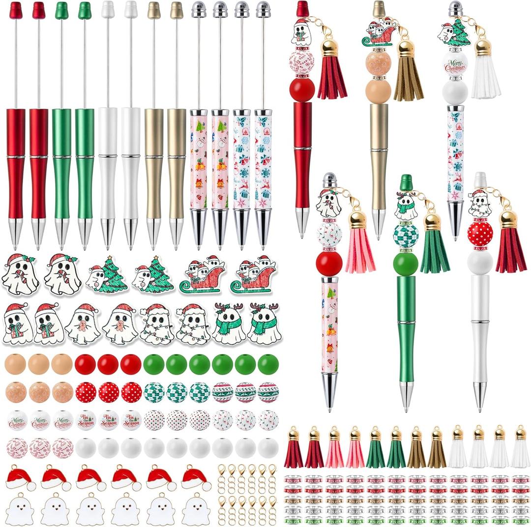 COcnny Christmas Boo Beadable Pens - 12 Set Christmas Ghost DIY Ballpoint Craft Making Kit with Bead Craft, Cute Beaded Pen Bulk Charm Tassel Supplies for Xmas Party School Students Gift