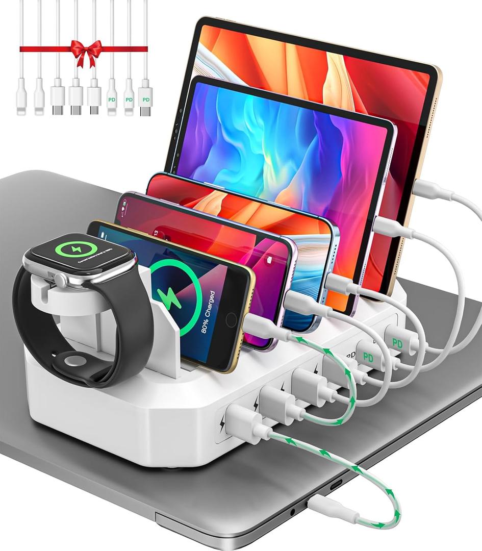 95W Fast Charging Station for Multiple DevicesUL & FCC Tested Safer Charging 6-Port USB Charging Dock with 2 PD-Port, Compatible with iPhone/Android/MacBook/iPad/Tablet/Kindle(8 Cables Included)