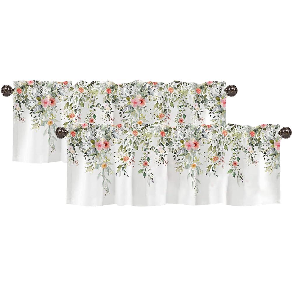 Natural Valances for Windows 2 Pack, Floral Kitchen Curtains for Window Over Sink Thermal Insulated Rod Pocket Short Curtains for Small Window Basement Bathroom and RV Privacy Protection,54" W x 18" L