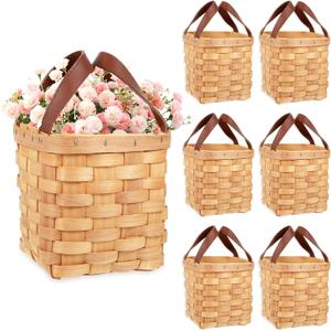 Xthrotsenk 6 Packs 4" x 4.5" Small Wicker Basket with Handle Woven Baskets Woodchip Container Easter Empty Wicker Baskets, Rustic Square Basket Storage Packing for Pantry Party Gifts
