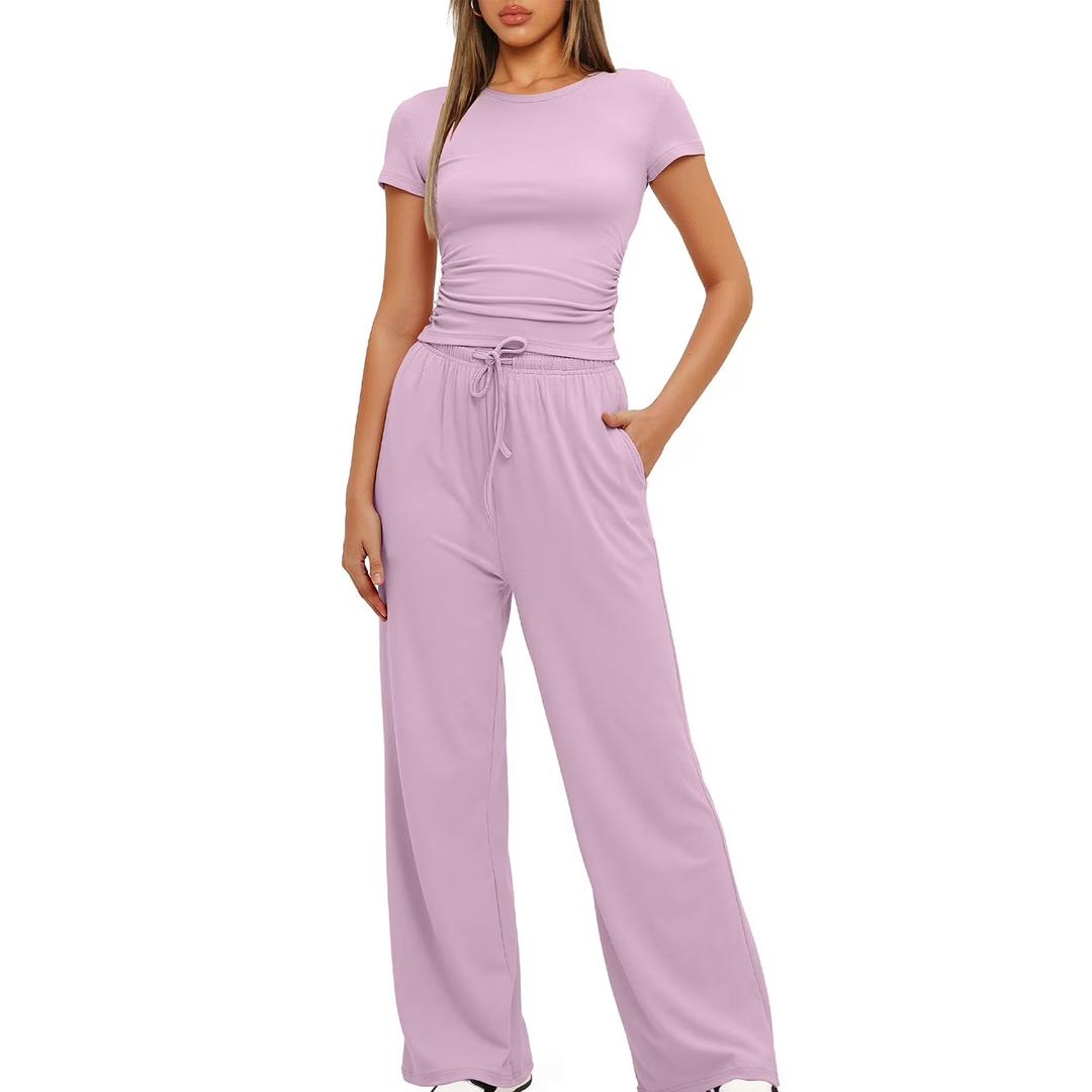 Women's 2 Piece Lounge Set Ruched Short Sleeve Tops High Waisted Wide Leg Pants (Pink , Small)
