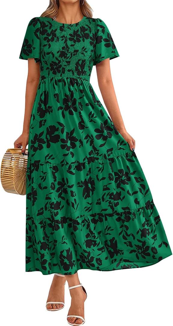 PRETTYGARDEN Women's 2025 Summer Casual Flutter Short Sleeve Boho Floral Maxi Dress Crew Neck Smocked Tiered Long Dresses (Floral Dark Green Black, Size XL)